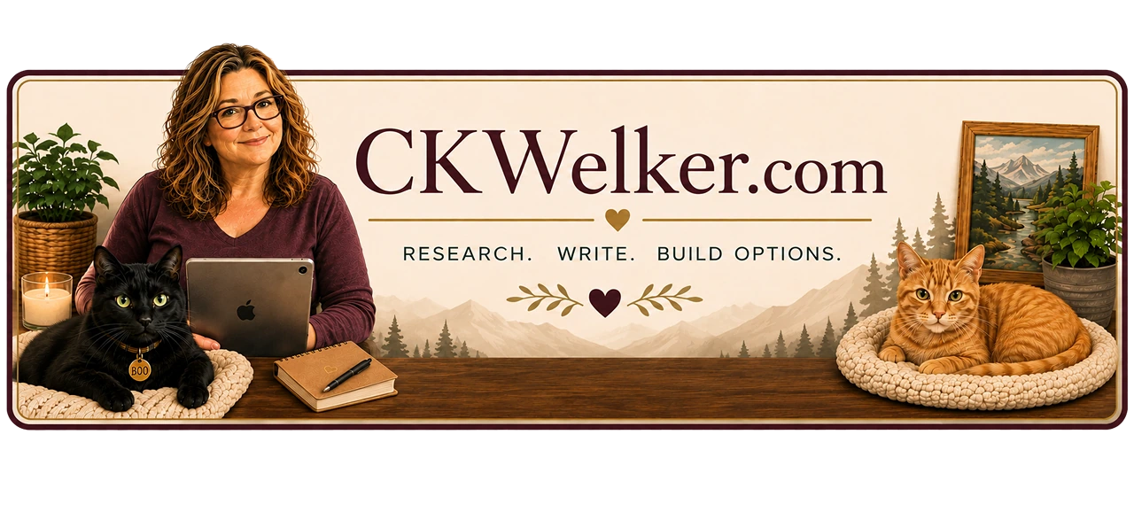 CK Welker with her tablet and cats Boo and Peaches, tagline Research. Write. Build Options.