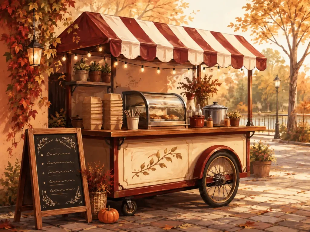 Illustrated food cart with striped awning on an autumn street
